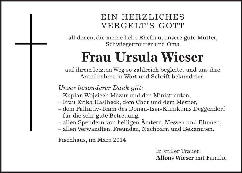 Traueranzeige Ursula Wieser