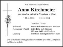 Traueranzeige Anna Kirchmeier