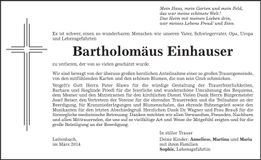 Traueranzeige Bartholomäus Einhauser