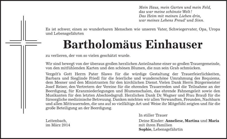 Traueranzeige Bartholomäus Einhauser