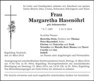 Traueranzeige Margaretha Hasenöhrl