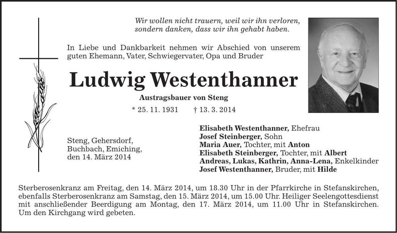 Traueranzeige Ludwig Westenthanner