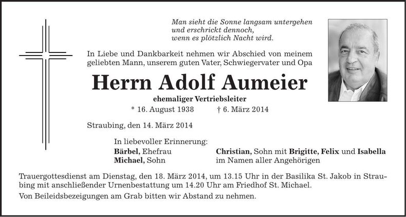 Traueranzeige Adolf Aumeier