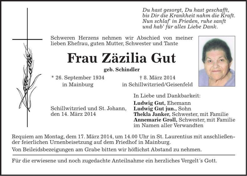 Traueranzeige Zäzilia Gut