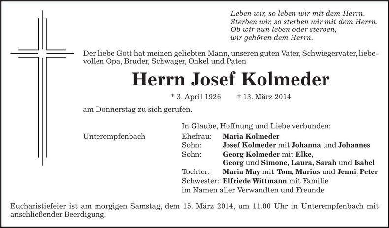 Traueranzeige Josef Kolmeder