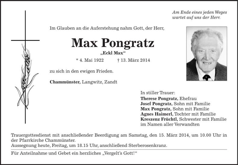 Traueranzeige Max Pongratz