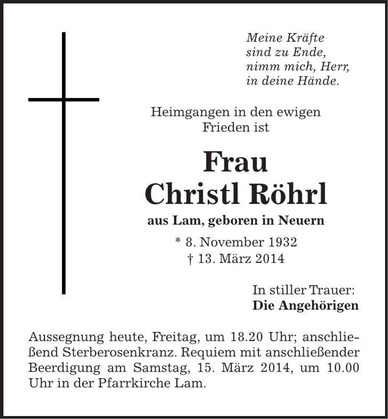 Traueranzeige Christa Röhrl