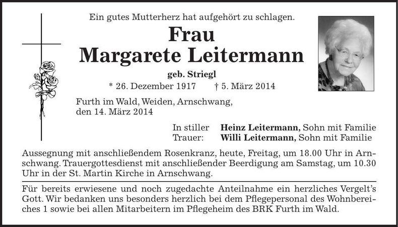 Traueranzeige Margarete Leitermann