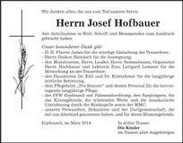 Traueranzeige Josef Hofbauer