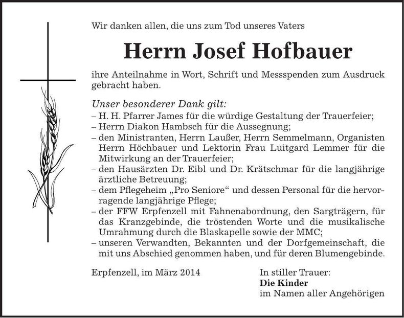 Traueranzeige Josef Hofbauer
