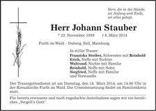 Traueranzeige Johann Stauber