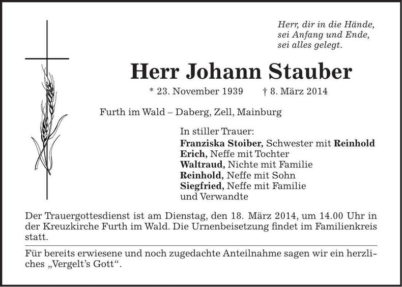 Traueranzeige Johann Stauber