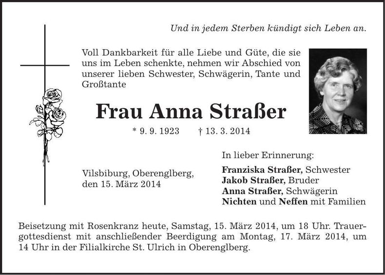 Traueranzeige Anna Straßer
