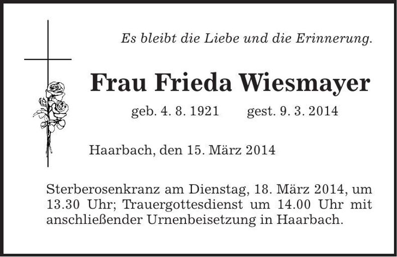 Traueranzeige Frieda Wiesmayer