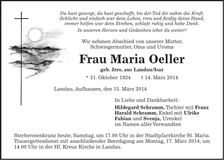 Traueranzeige Maria Oeller
