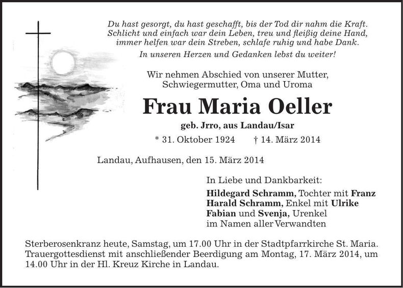 Traueranzeige Maria Oeller