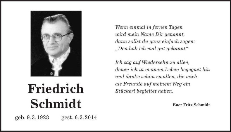 Traueranzeige Friedrich Schmidt
