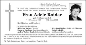 Traueranzeige Adele Roider
