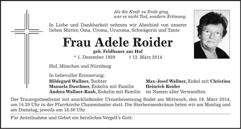 Traueranzeige Adele Roider