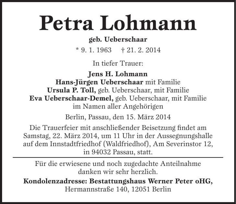 Traueranzeige Petra Lohmann