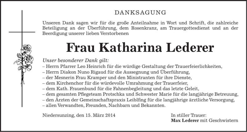 Traueranzeige Katharina Lederer