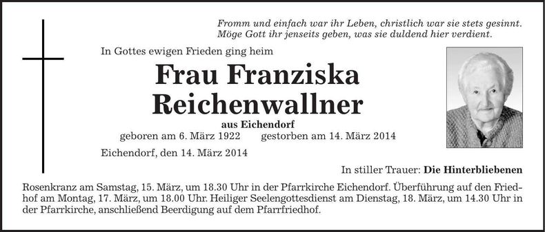 Traueranzeige Franziska Reichenwallner