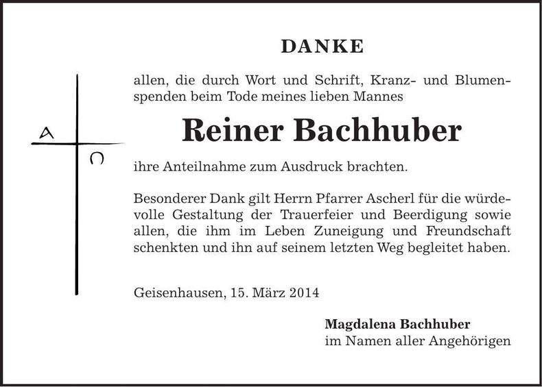 Traueranzeige Rainer Bachhuber