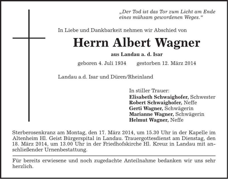 Traueranzeige Albert Wagner