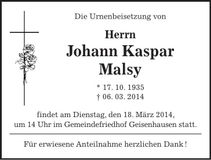 Traueranzeige Johann Kaspar Malsy
