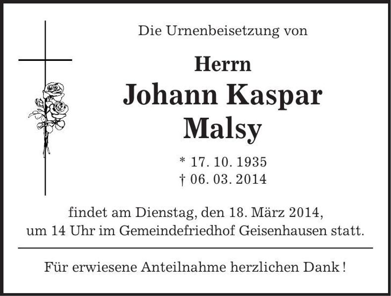 Traueranzeige Johann Kaspar Malsy