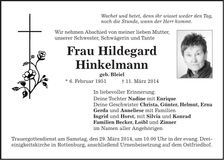 Traueranzeige Hildegard Hinkelmann