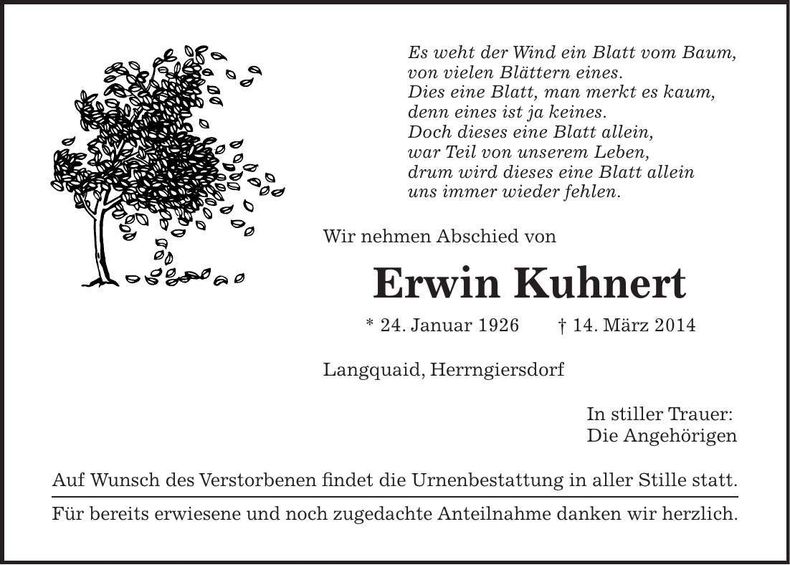 Traueranzeige Erwin Kuhnert