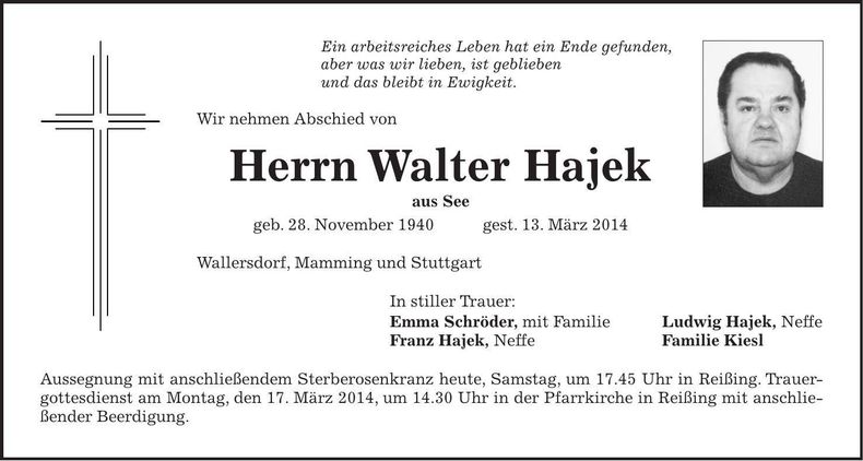Traueranzeige Walter Hajek