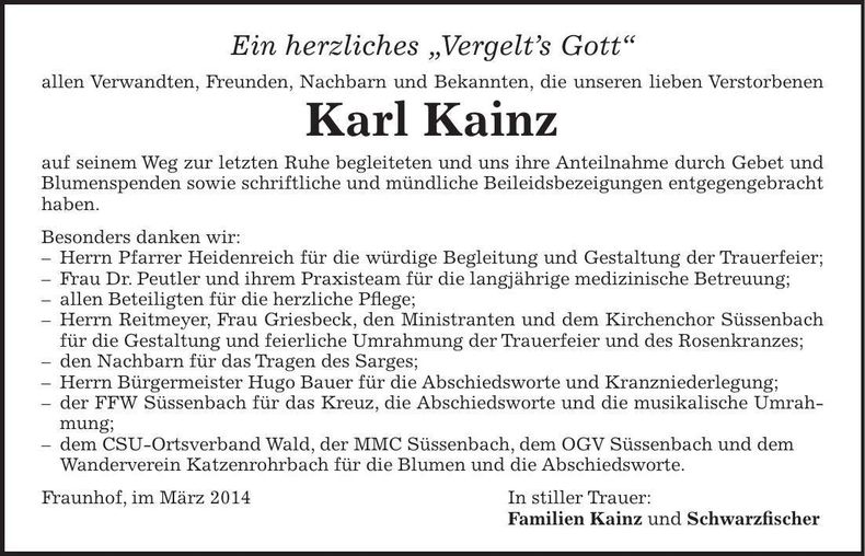 Traueranzeige Karl Kainz