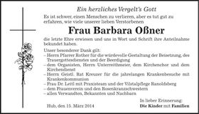 Traueranzeige Barbara Oßner