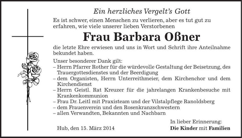 Traueranzeige Barbara Oßner
