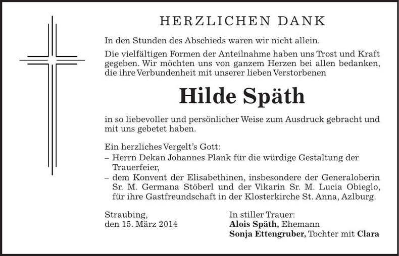 Traueranzeige Hilde Späth