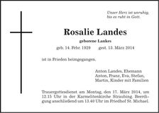 Traueranzeige Rosalie Landes