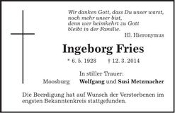 Traueranzeige Ingeborg Fries