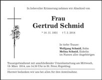 Traueranzeige Gertrud Schmid