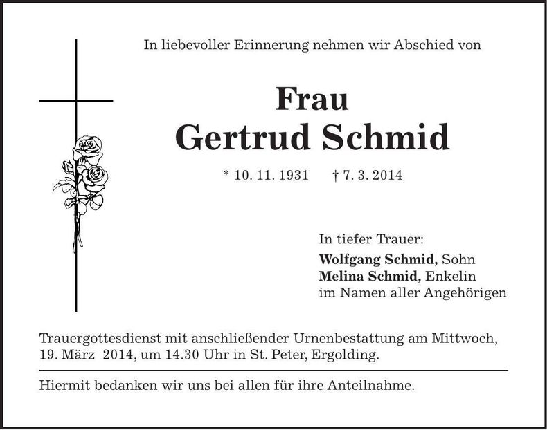 Traueranzeige Gertrud Schmid