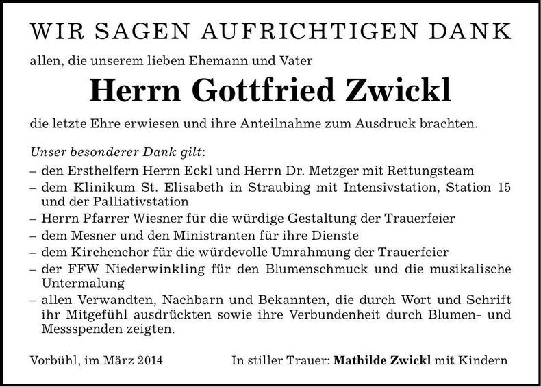 Traueranzeige Gottfried Zwickl