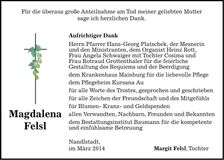 Traueranzeige Magdalena Felsl