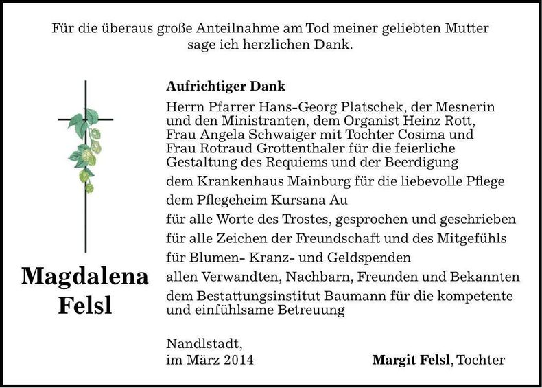 Traueranzeige Magdalena Felsl