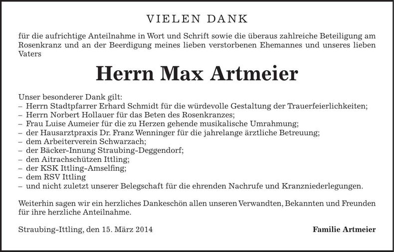 Traueranzeige Max Artmeier