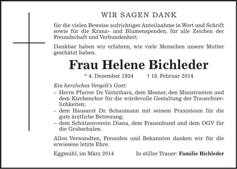 Traueranzeige Helene Bichleder