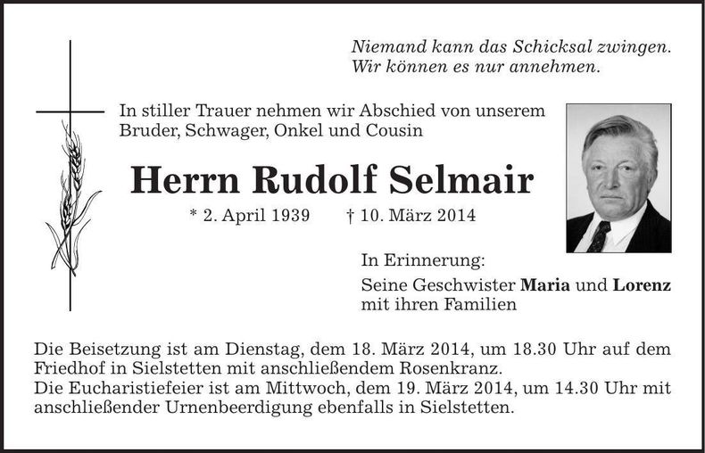 Traueranzeige Rudolf Selmair