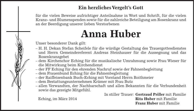 Traueranzeige Anna Huber