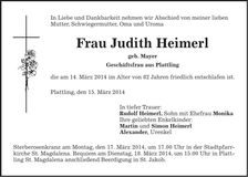 Traueranzeige Judith Heimerl