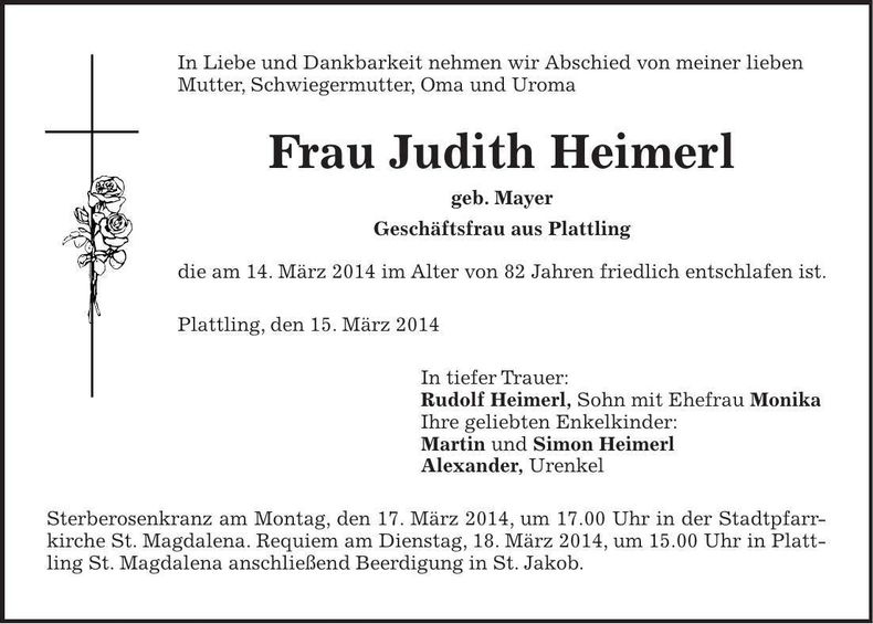 Traueranzeige Judith Heimerl